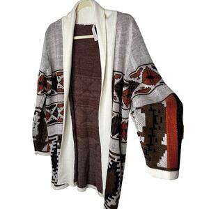 Mags & Pye Cream Brown Rust Native Aztec Print Longline Cardigan Sweater Medium